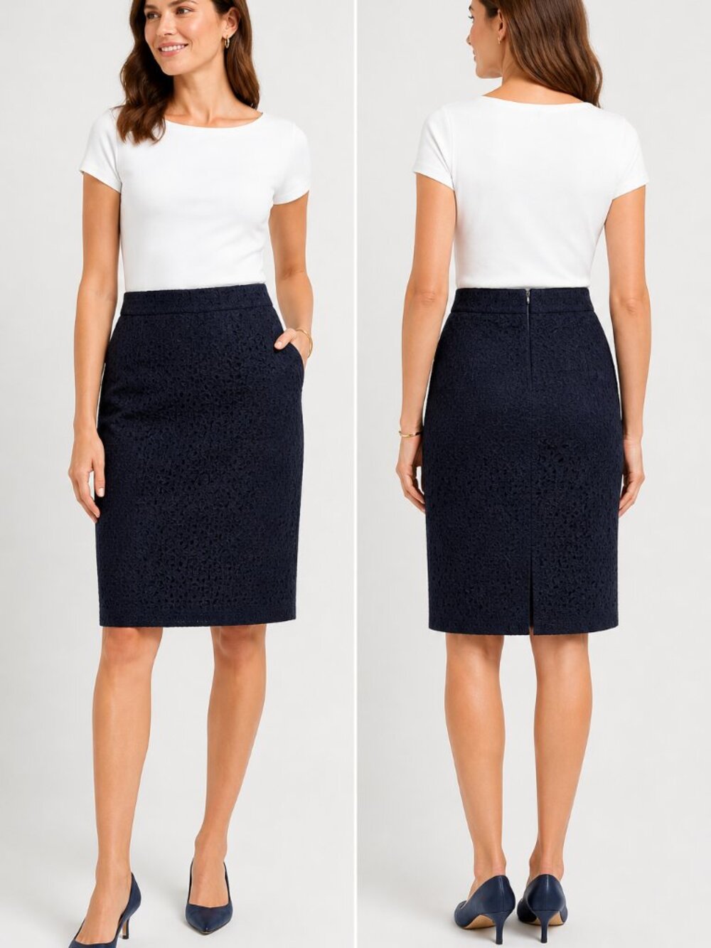 Talbots Eyelet Navy Blue Cotton Knee Length Pencil Skirt Size 12